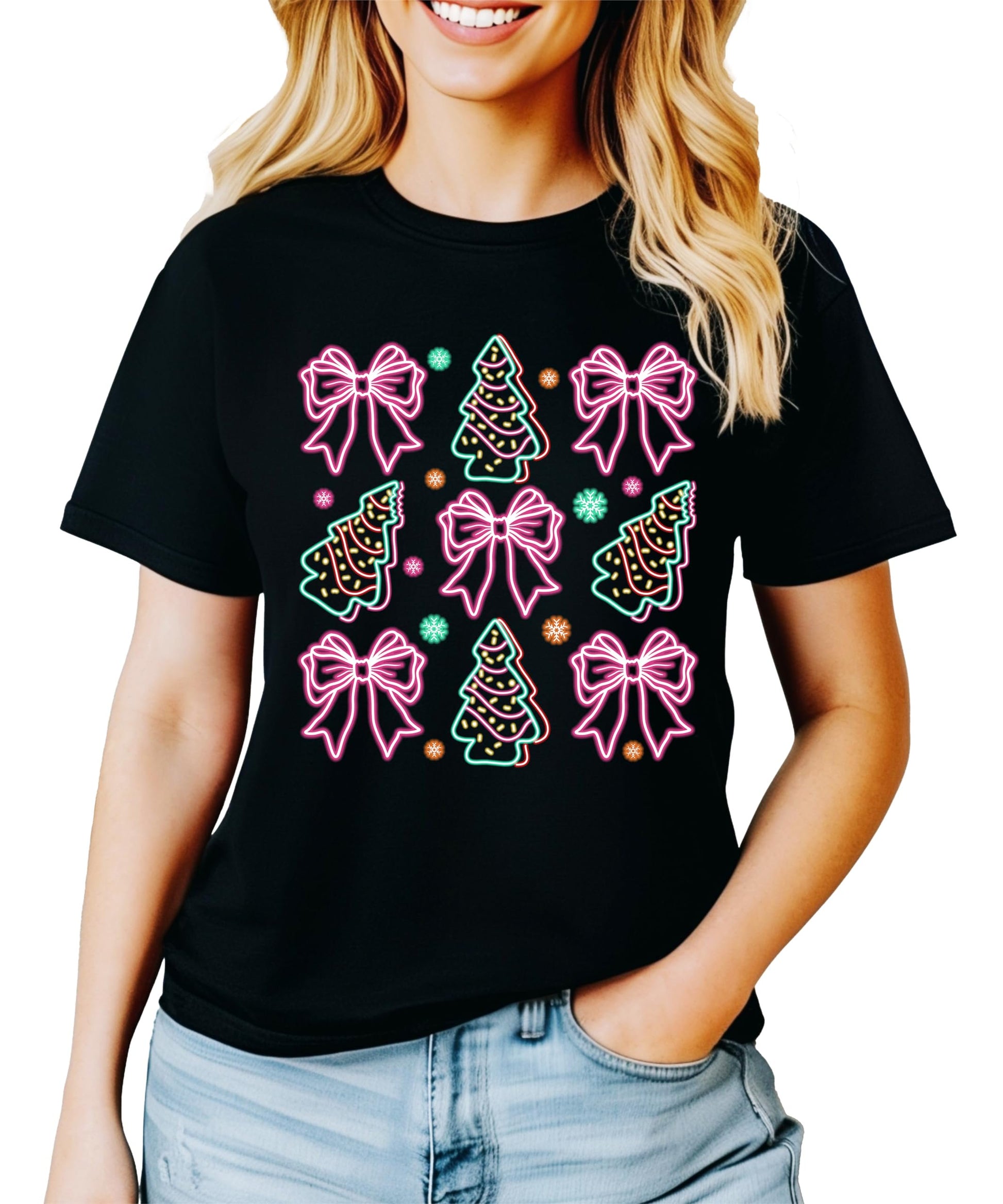 Detail shot of neon Christmas trees and colorful gift bows graphic on women's black holiday shirt