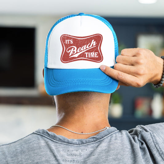 It's Beach Time Vintage Pink Summer Classic 5 Panel Mesh Foam Front Trucker Hat Snap Back