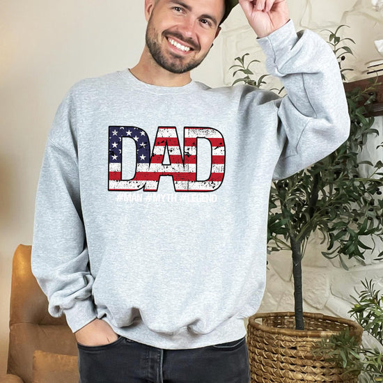Full-body view of Dad Man Myth Legend patriotic pullover sweatshirt — perfect Father's Day gift