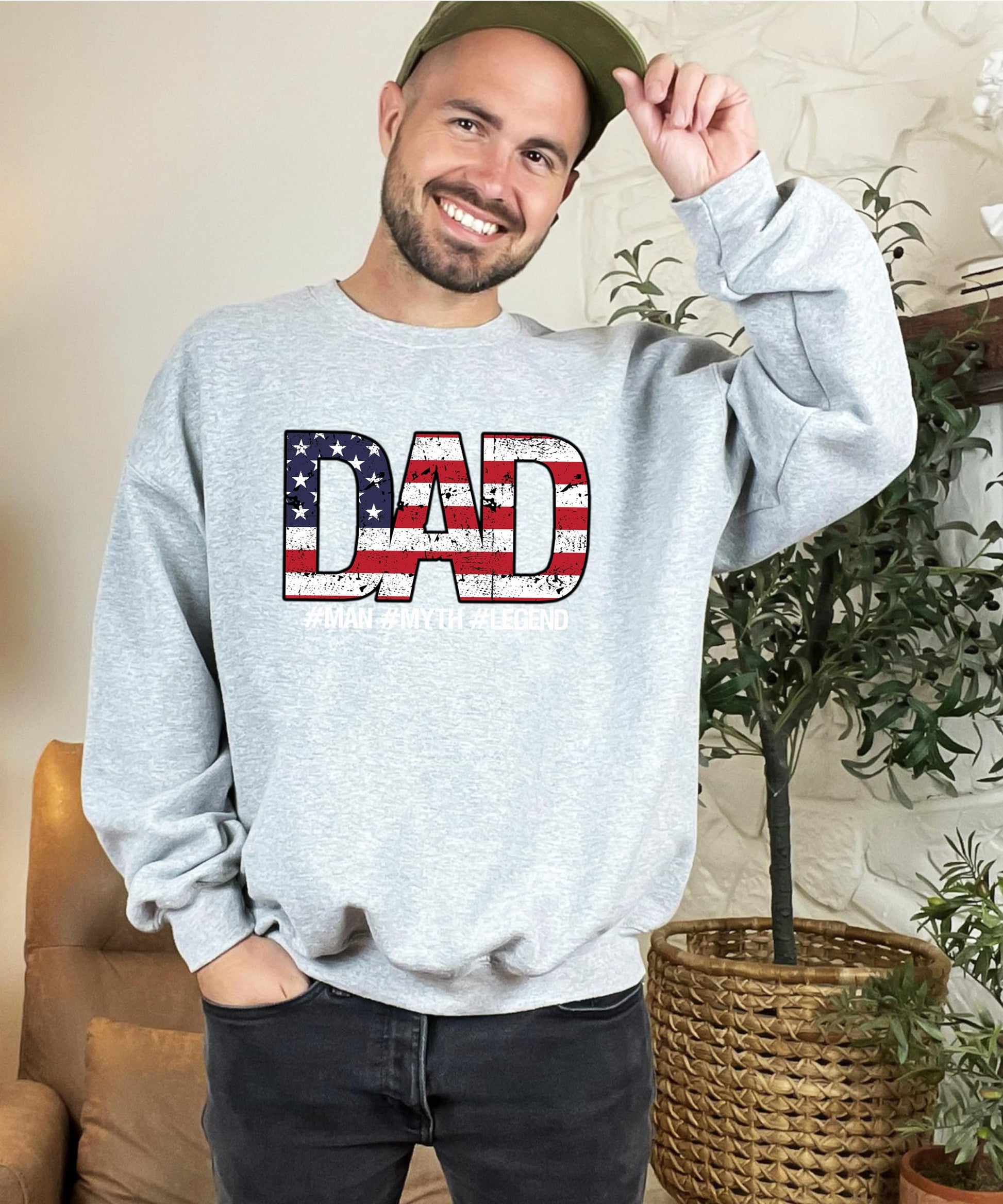 Full-body view of Dad Man Myth Legend patriotic pullover sweatshirt — perfect Father's Day gift
