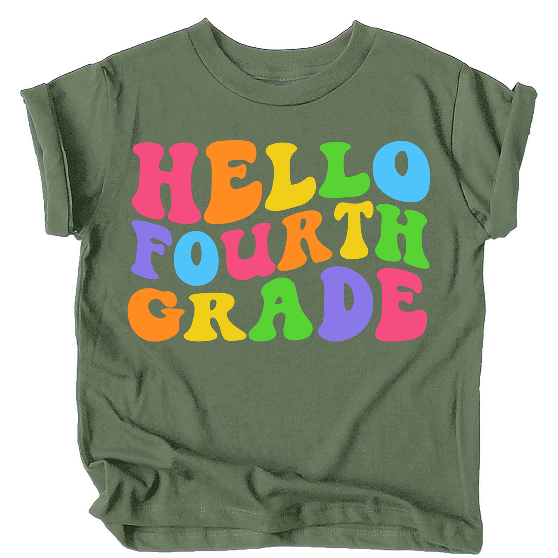 Hello 4th Grade pink youth shirt flat lay showing bright wavy text design