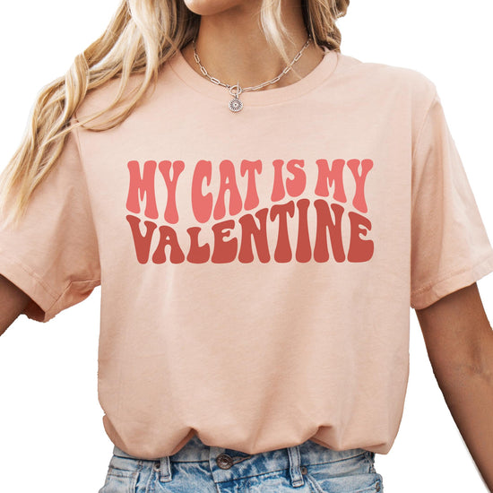 Close-up of My Cat is My Valentine print detail on mauve adult tee