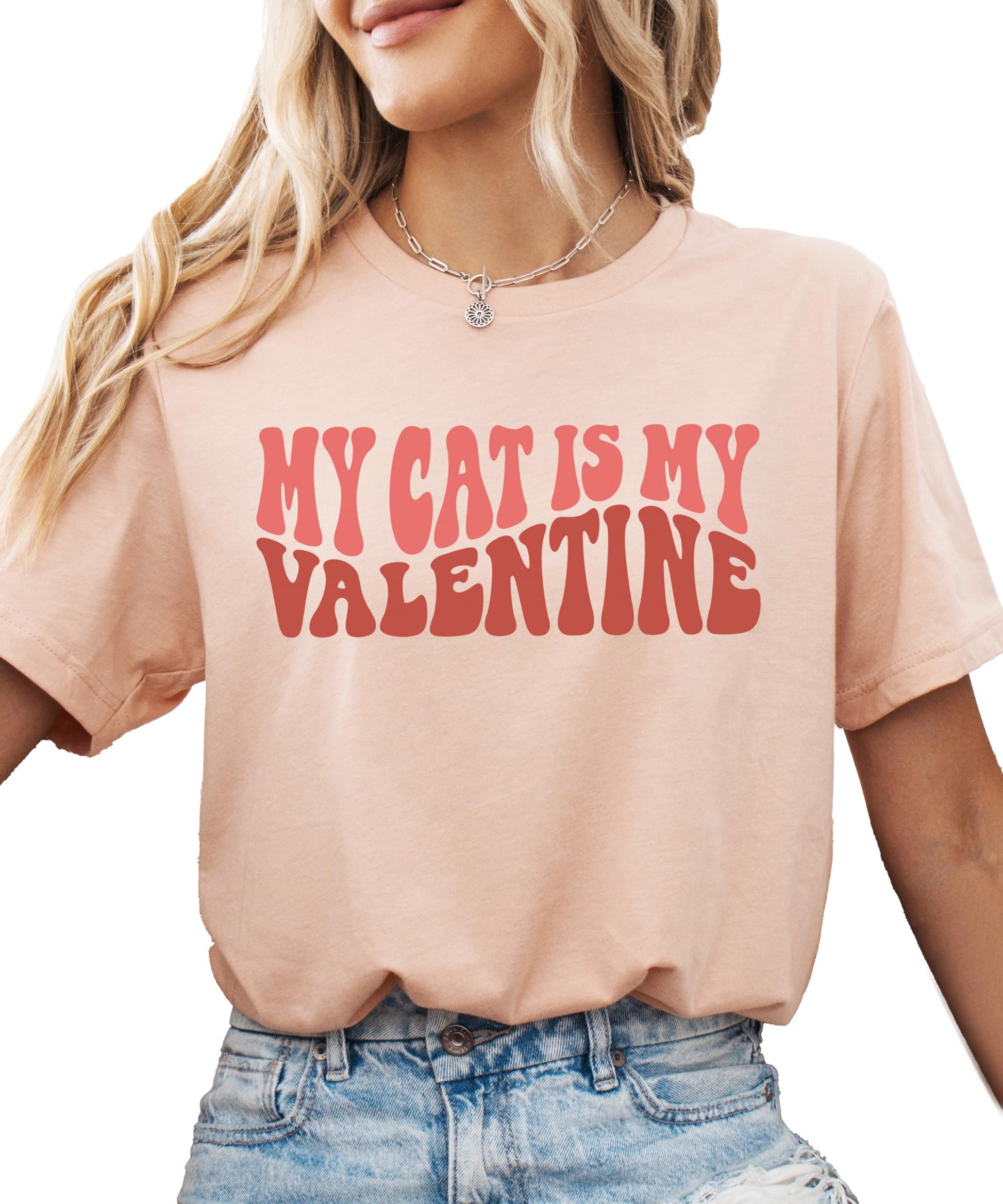 Close-up of My Cat is My Valentine print detail on mauve adult tee