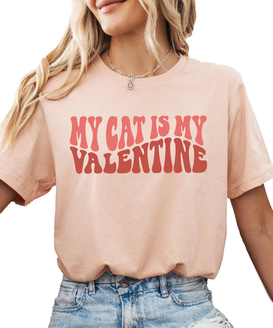 Close-up of My Cat is My Valentine print detail on mauve adult tee