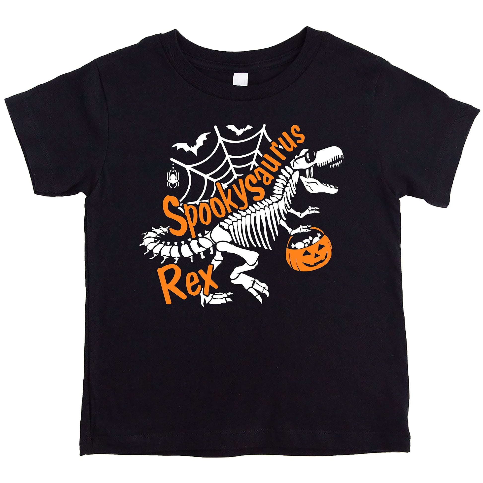 Front view of toddler skeleton dinosaur Halloween shirt in vintage burgundy with white graphic