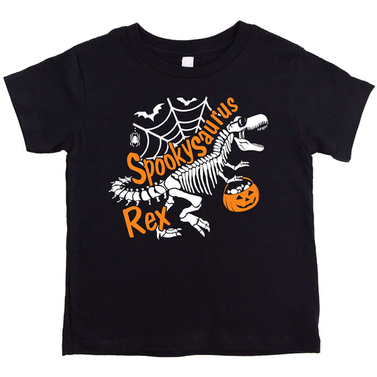 Front view of toddler skeleton dinosaur Halloween shirt in vintage burgundy with white graphic