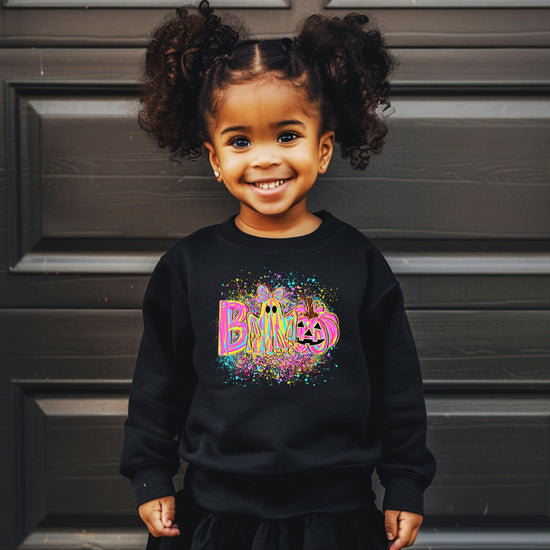 Kids or teen wearing neon BOO Halloween ghost sweatshirt perfect for trick-or-treating