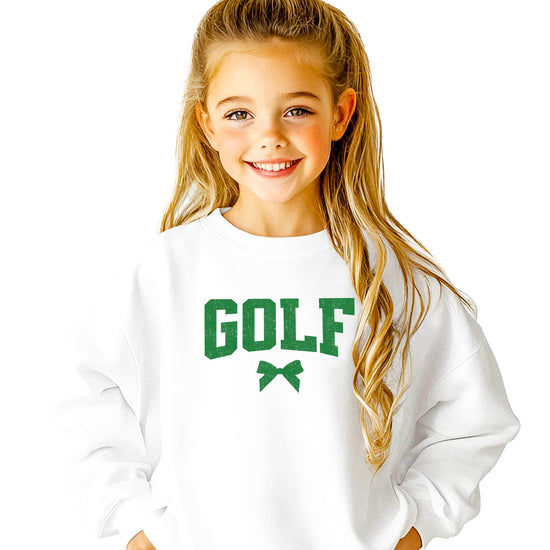 Red sweatshirt with bold collegiate GOLF text and coquette bow graphic for women and kids