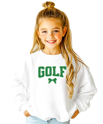 Red sweatshirt with bold collegiate GOLF text and coquette bow graphic for women and kids