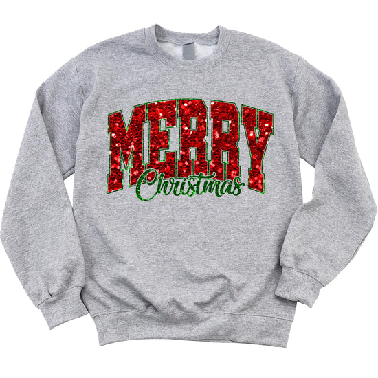 Women's gray Merry Christmas sweatshirt with faux glitter red and green holiday graphic
