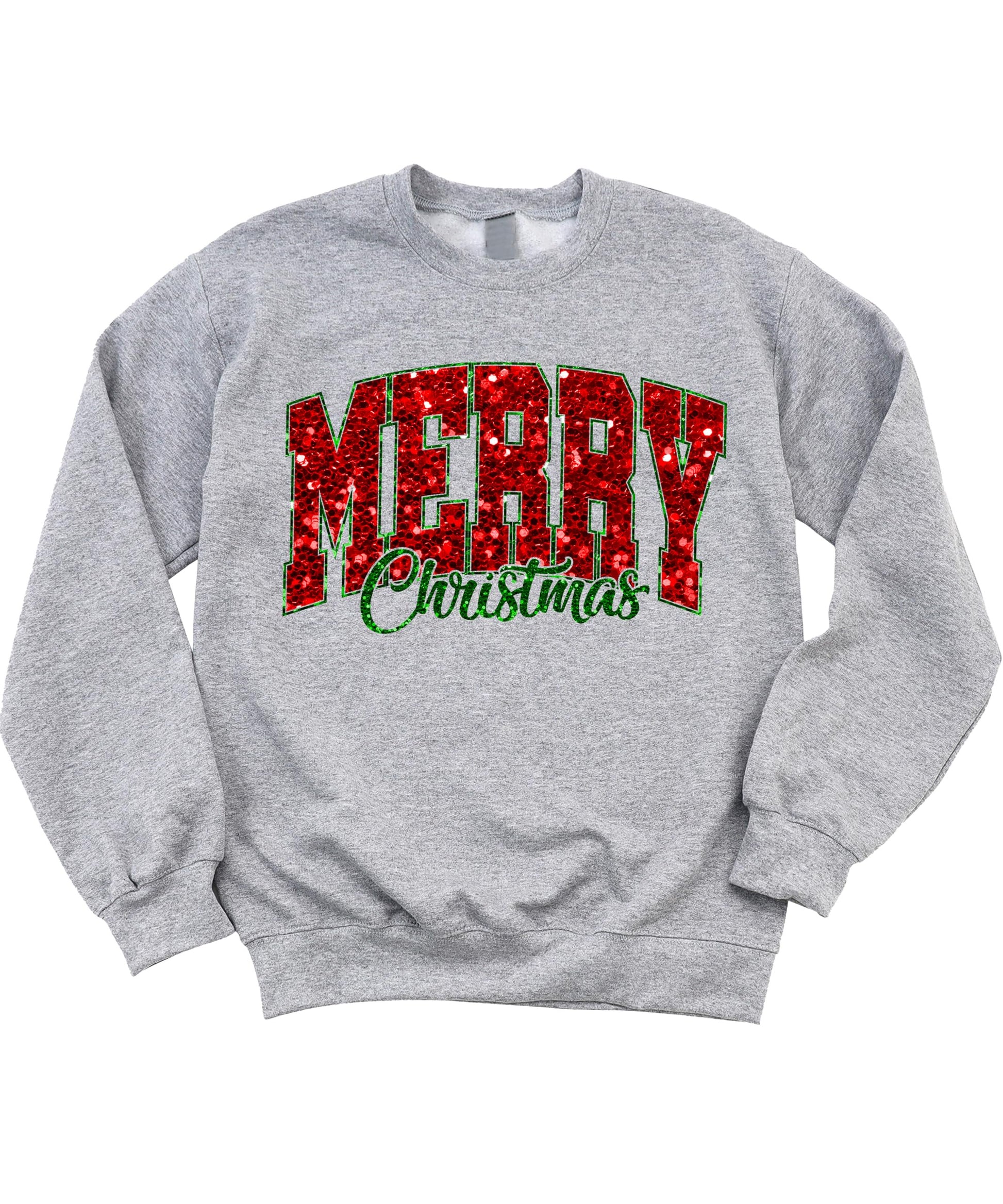 Women's gray Merry Christmas sweatshirt with faux glitter red and green holiday graphic