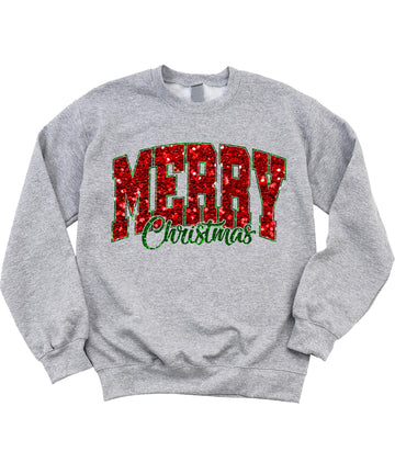 Women's gray Merry Christmas sweatshirt with faux glitter red and green holiday graphic