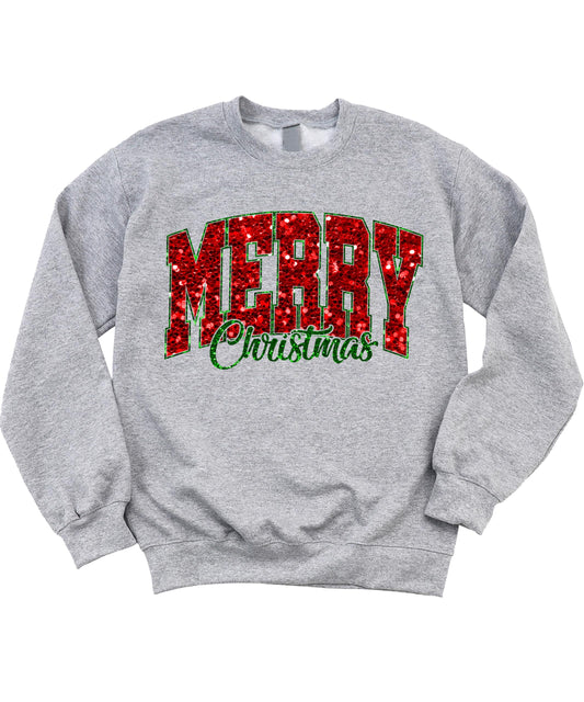 Women's gray Merry Christmas sweatshirt with faux glitter red and green holiday graphic