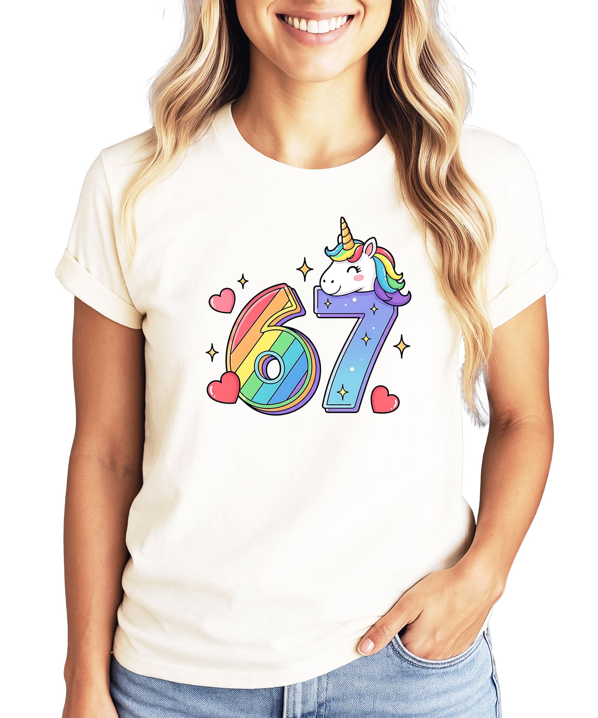 Pink unicorn 7th birthday tee with colorful rainbow design and magical unicorn character
