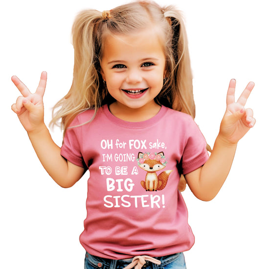 Girls mauve graphic tee with white 'Oh For Fox Sake I'm Going to Be a Big Sister' fox design