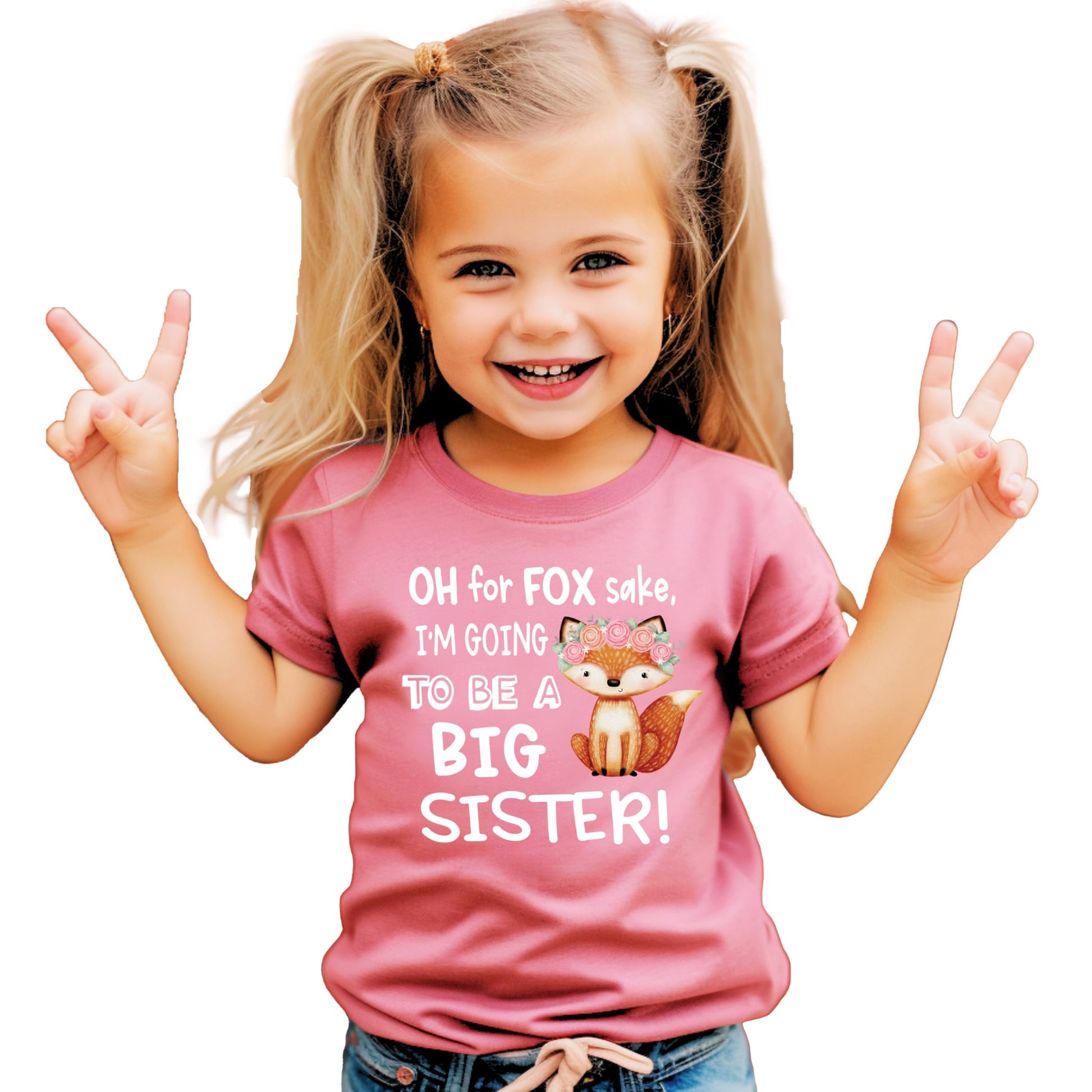 Girls mauve graphic tee with white 'Oh For Fox Sake I'm Going to Be a Big Sister' fox design