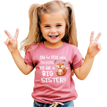 Girls mauve graphic tee with white 'Oh For Fox Sake I'm Going to Be a Big Sister' fox design