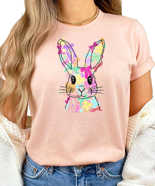 Easter bunny shirt design detail showing pastel bows and rabbit graphic