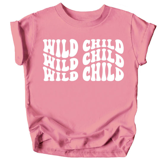 White on peach Wild Child wavy retro graphic tee for baby and toddler boys and girls by Olive Loves Apple