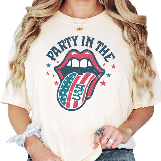 Woman wearing Party in the USA patriotic graphic tee shirt