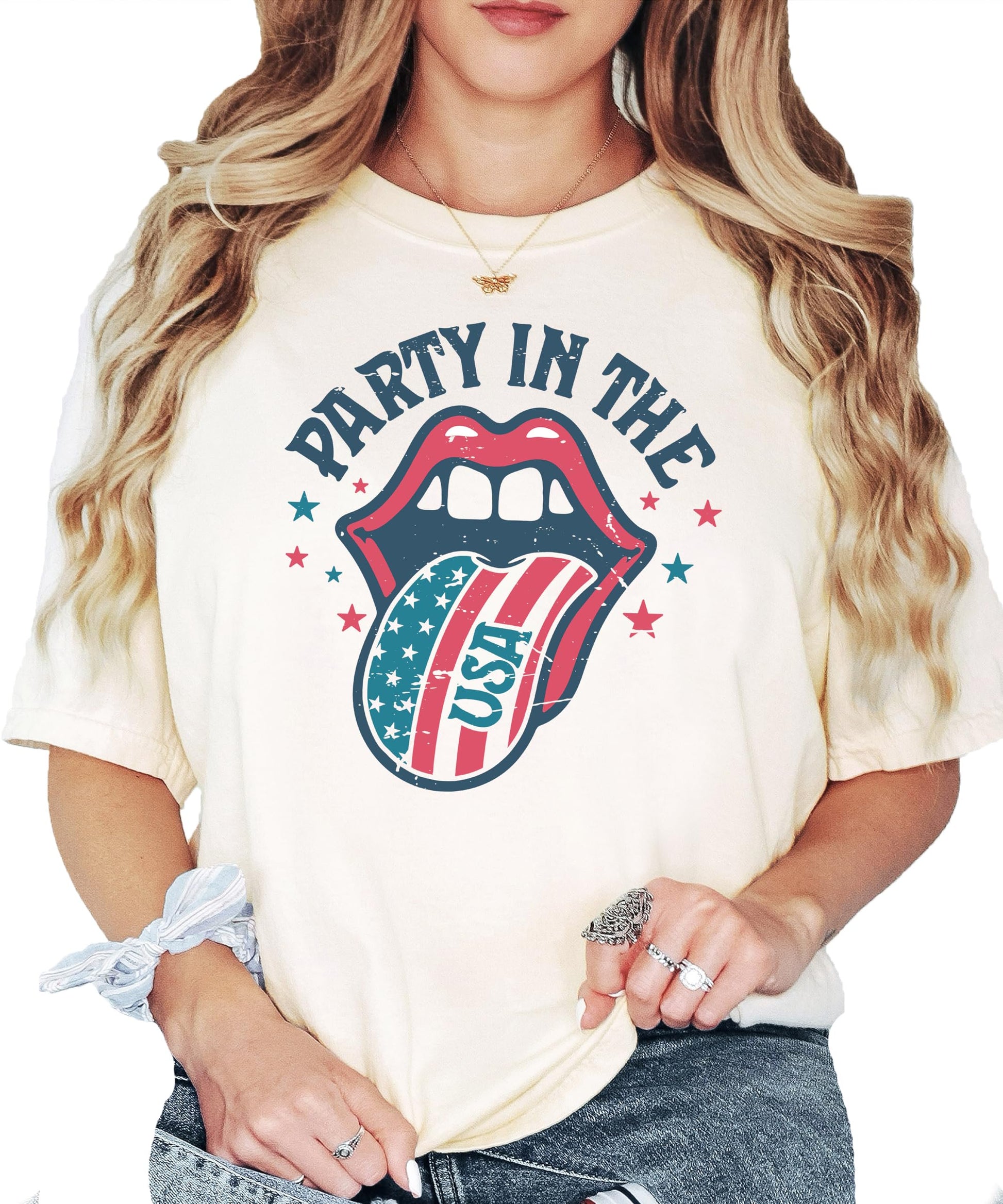 Woman wearing Party in the USA patriotic graphic tee shirt