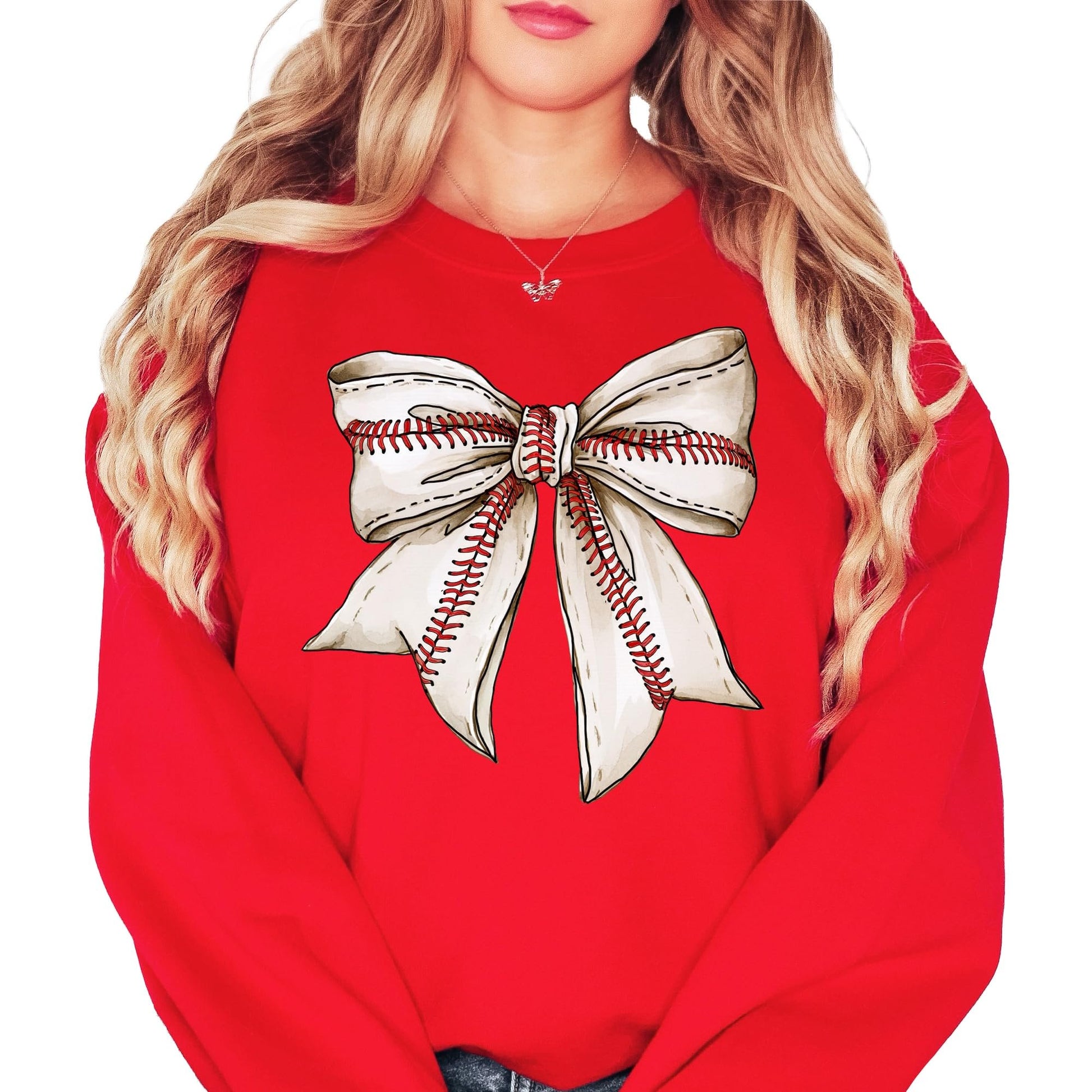 Close-up of coquette bow graphic print on red women's baseball fan sweatshirt