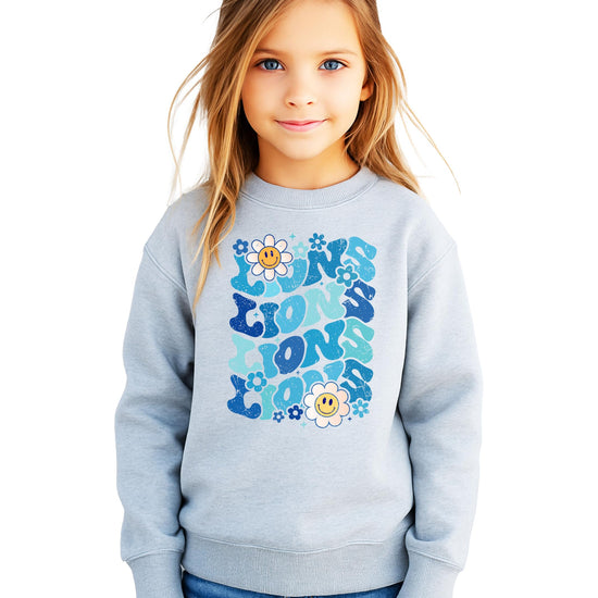 Front view of gray Lions retro sweatshirt laid flat showing full graphic design