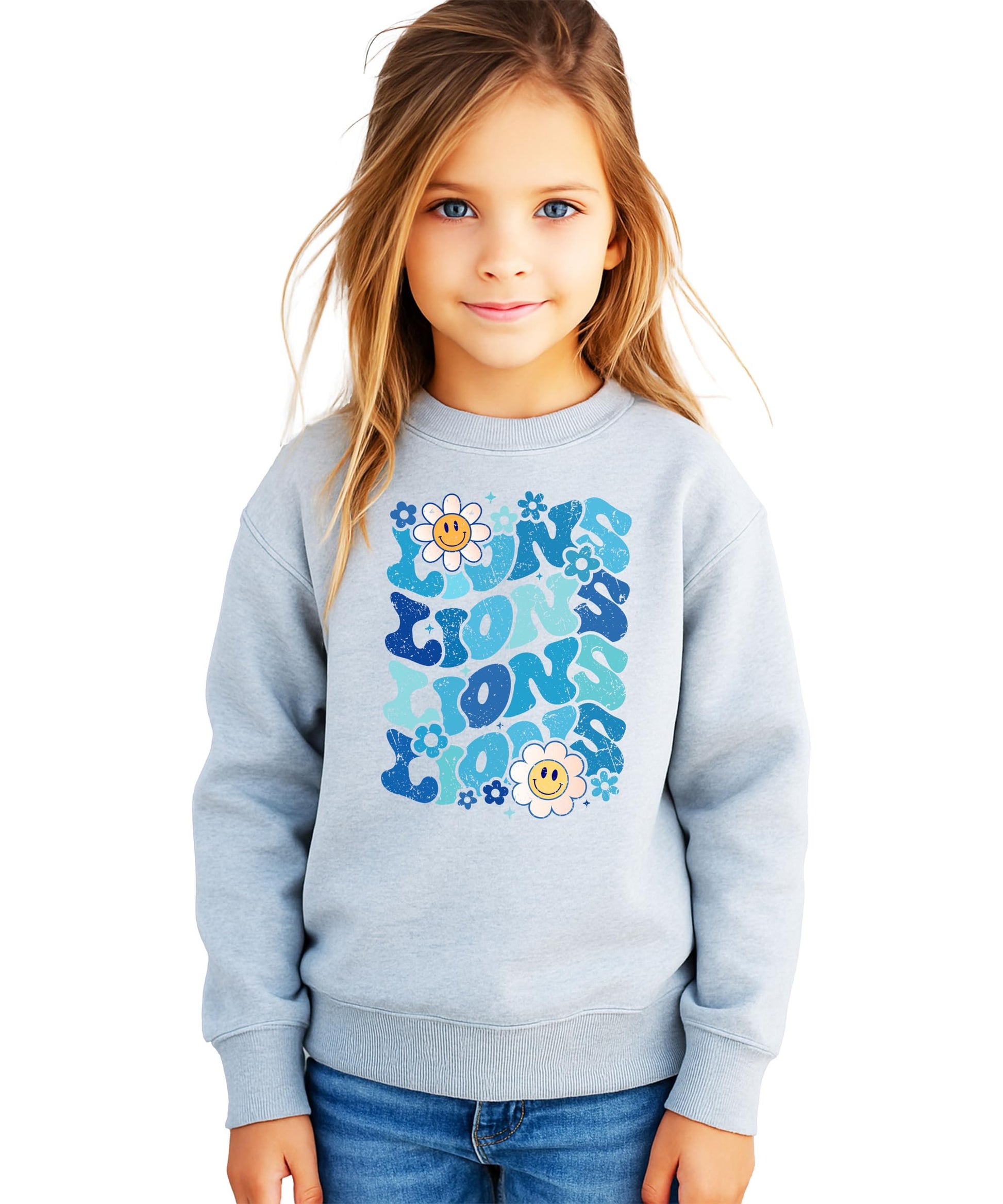 Front view of gray Lions retro sweatshirt laid flat showing full graphic design