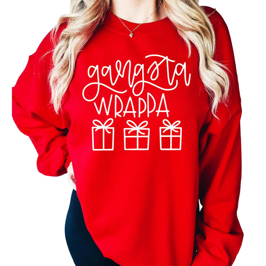 Gangsta Wrappa funny Christmas sweatshirt for adults in black with bold holiday graphic print