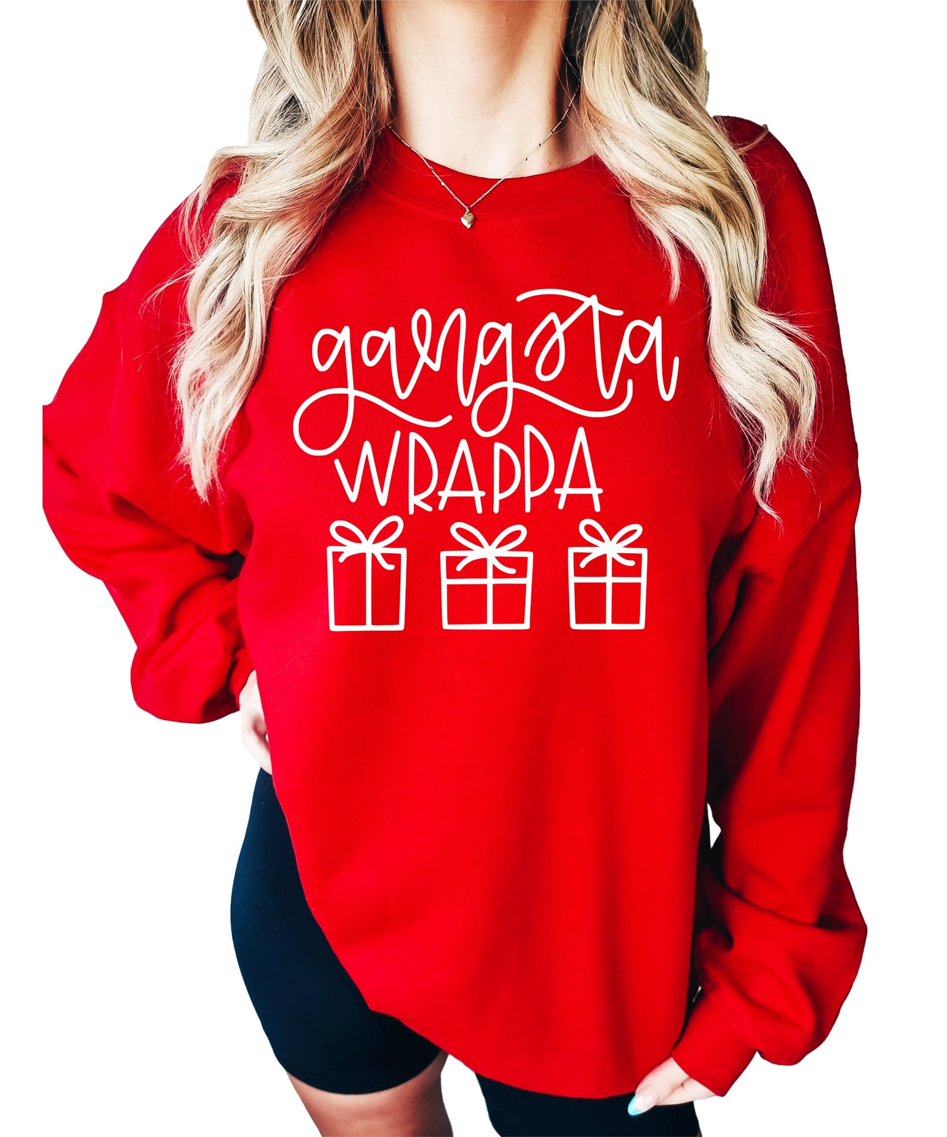 Gangsta Wrappa funny Christmas sweatshirt for adults in black with bold holiday graphic print