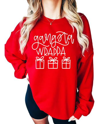 Gangsta Wrappa funny Christmas sweatshirt for adults in black with bold holiday graphic print