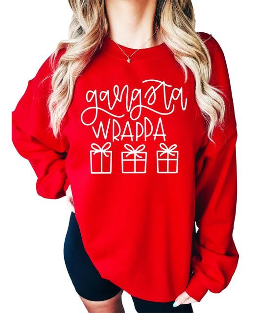 Gangsta Wrappa funny Christmas sweatshirt for adults in black with bold holiday graphic print
