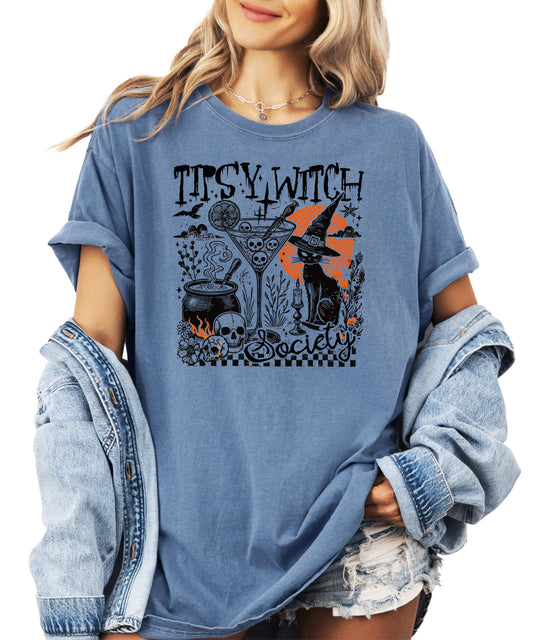 Tipsy Witch Society Halloween Graphic Tee | Witchy Black Cat