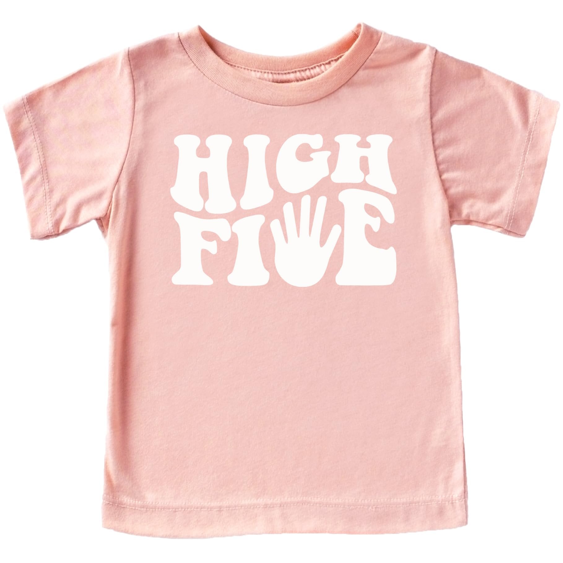 Close-up of retro groovy High Five 5th Birthday print on purple kids shirt
