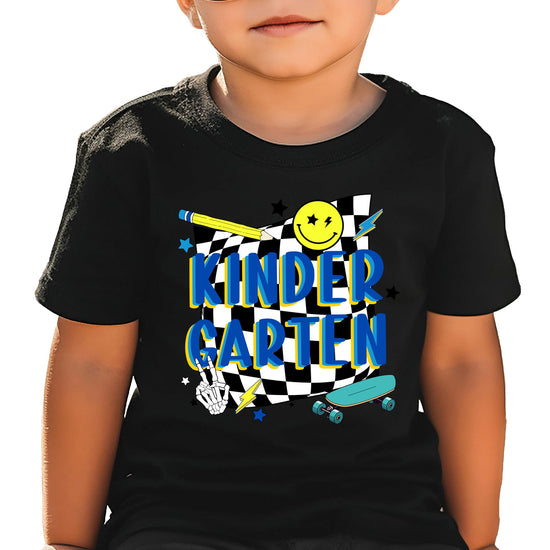 Back view of boys black kindergarten skateboard graphic t-shirt