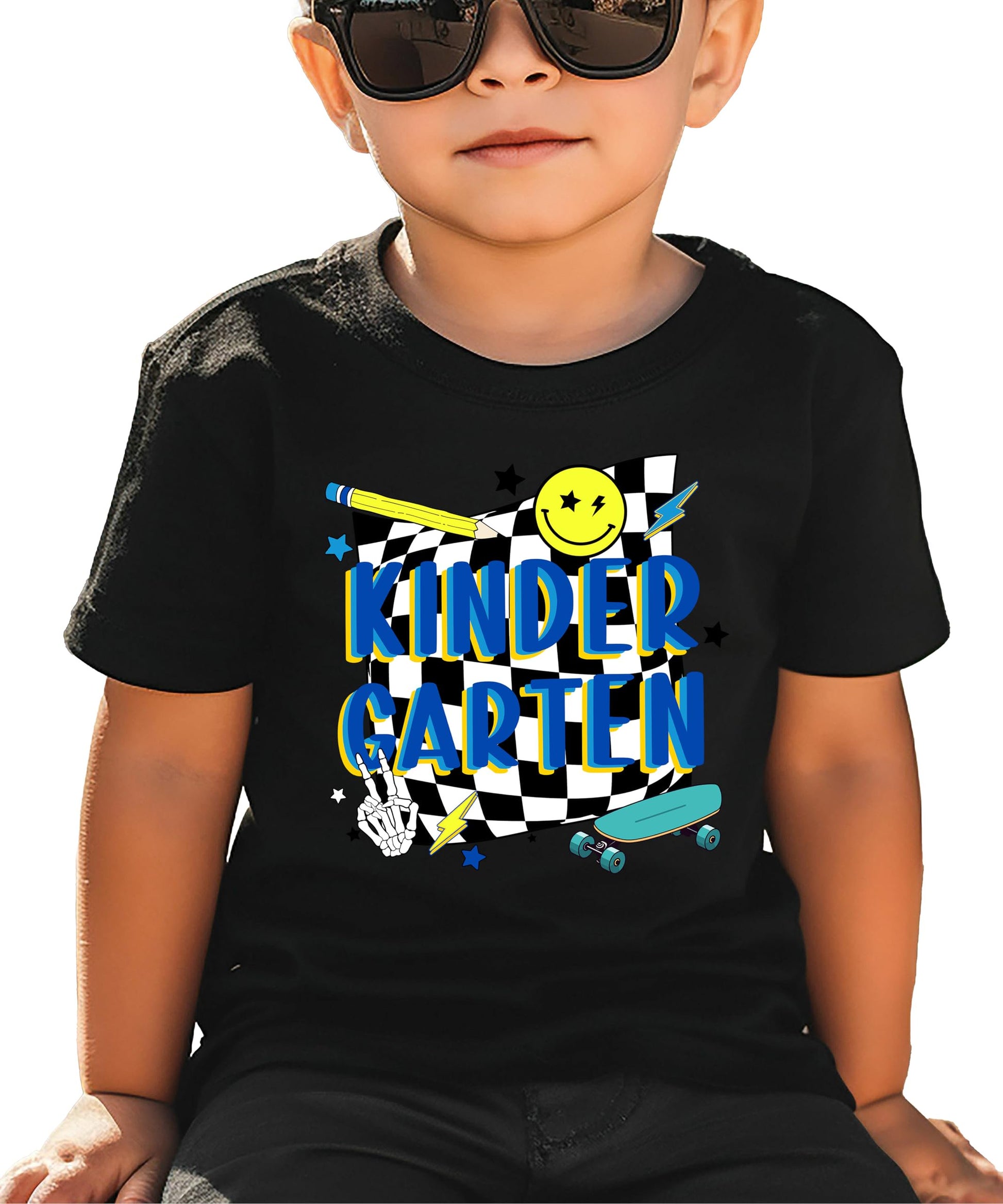 Back view of boys black kindergarten skateboard graphic t-shirt