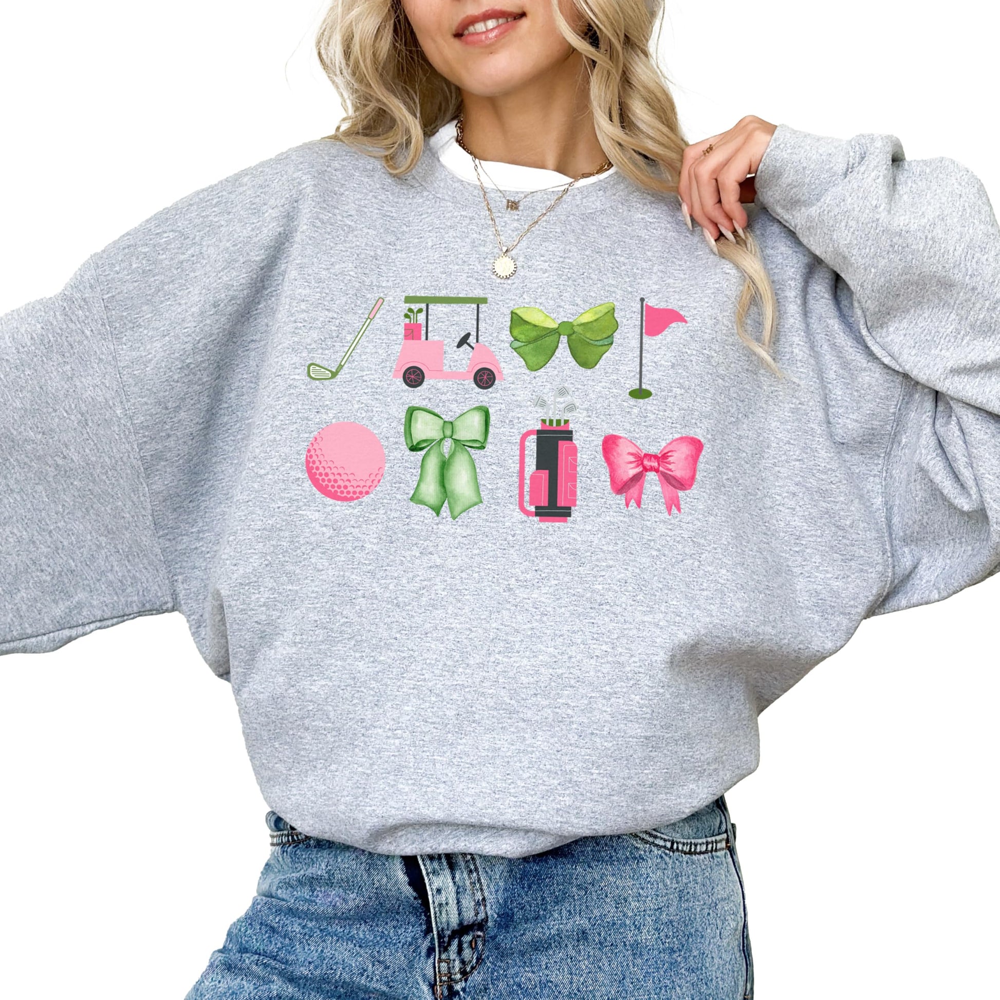 Side view of women's preppy golf graphic sweatshirt in gray