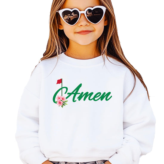 Front view of Amen Golf crewneck sweatshirt in gray with bold graphic design for women and teens