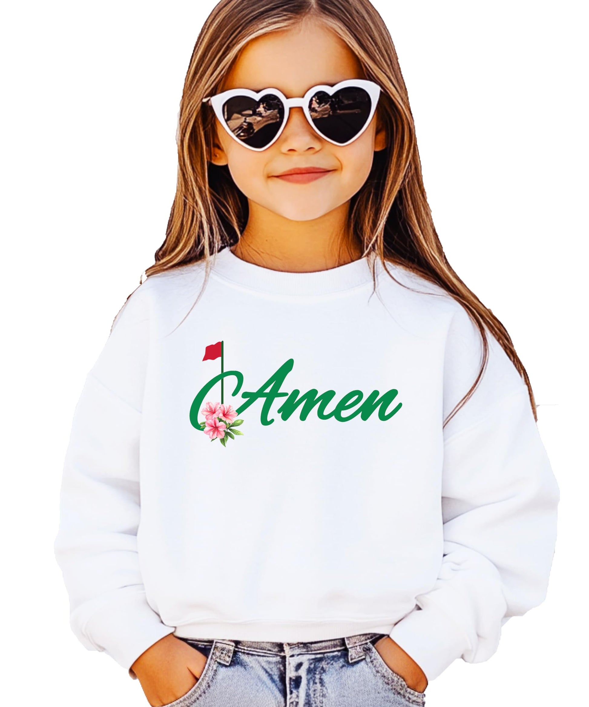 Front view of Amen Golf crewneck sweatshirt in gray with bold graphic design for women and teens