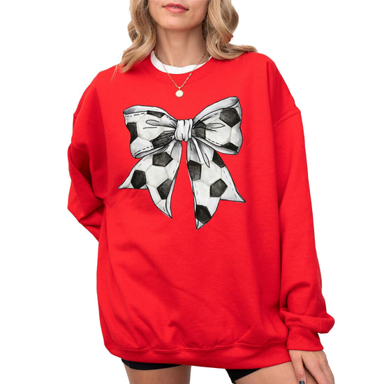 Close-up of soccer coquette bow graphic print on gray pullover sweatshirt