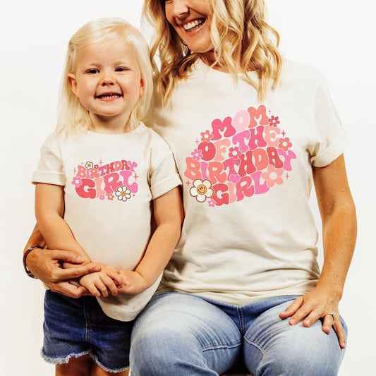 Mommy and me birthday matching shirt set with retro groovy daisy design in natural tone