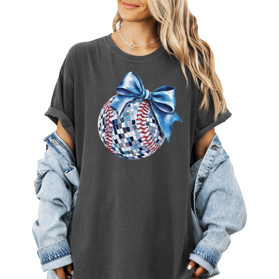 Women's oversized graphic tee featuring a sparkling disco softball with a blue bow on a light background