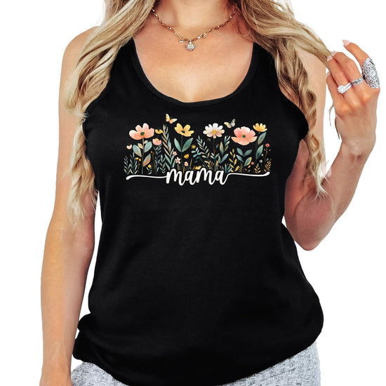 Close-up of wildflower Mama graphic print on white women's tank top