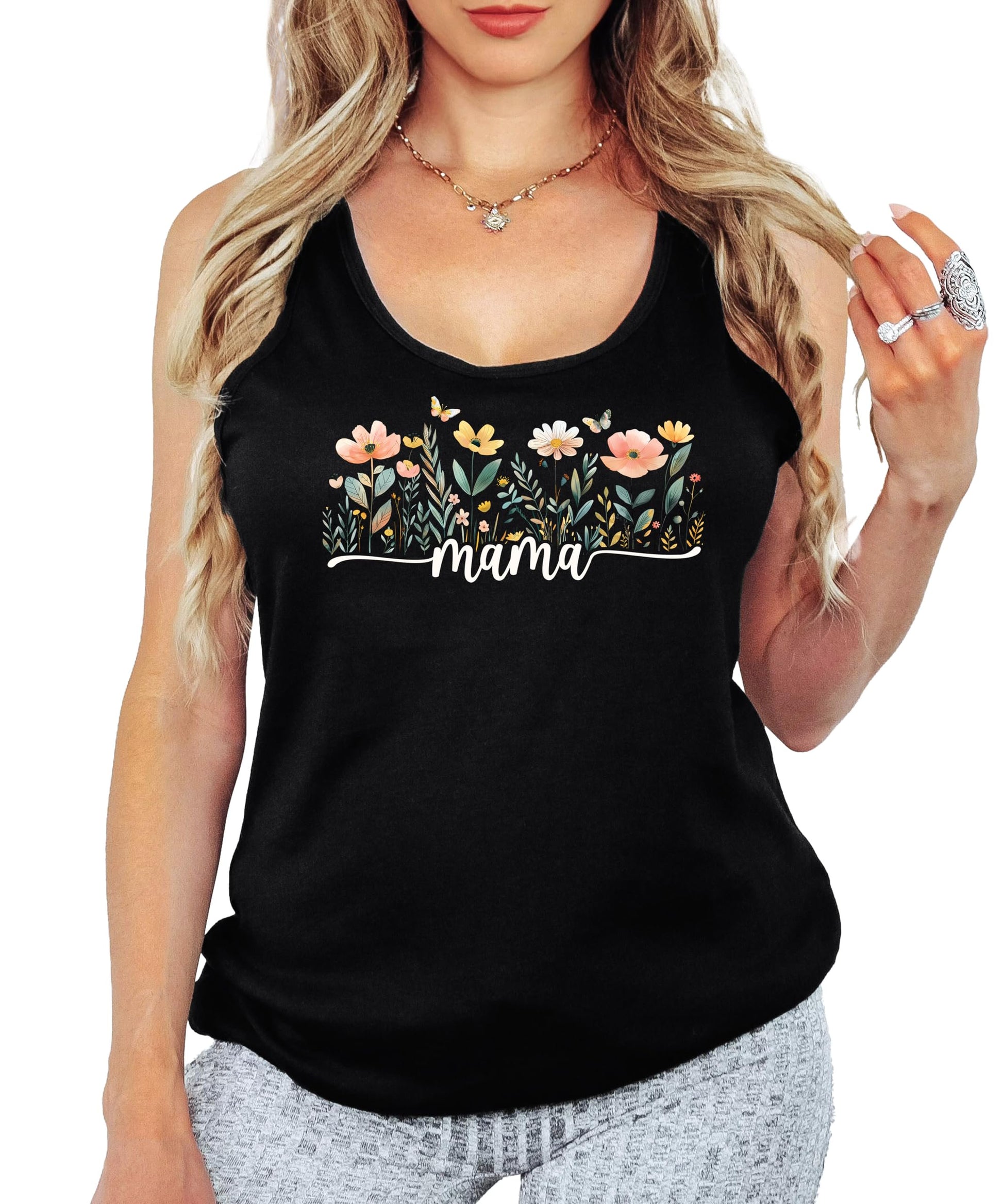 Close-up of wildflower Mama graphic print on white women's tank top