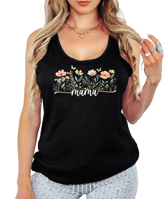 Close-up of wildflower Mama graphic print on white women's tank top