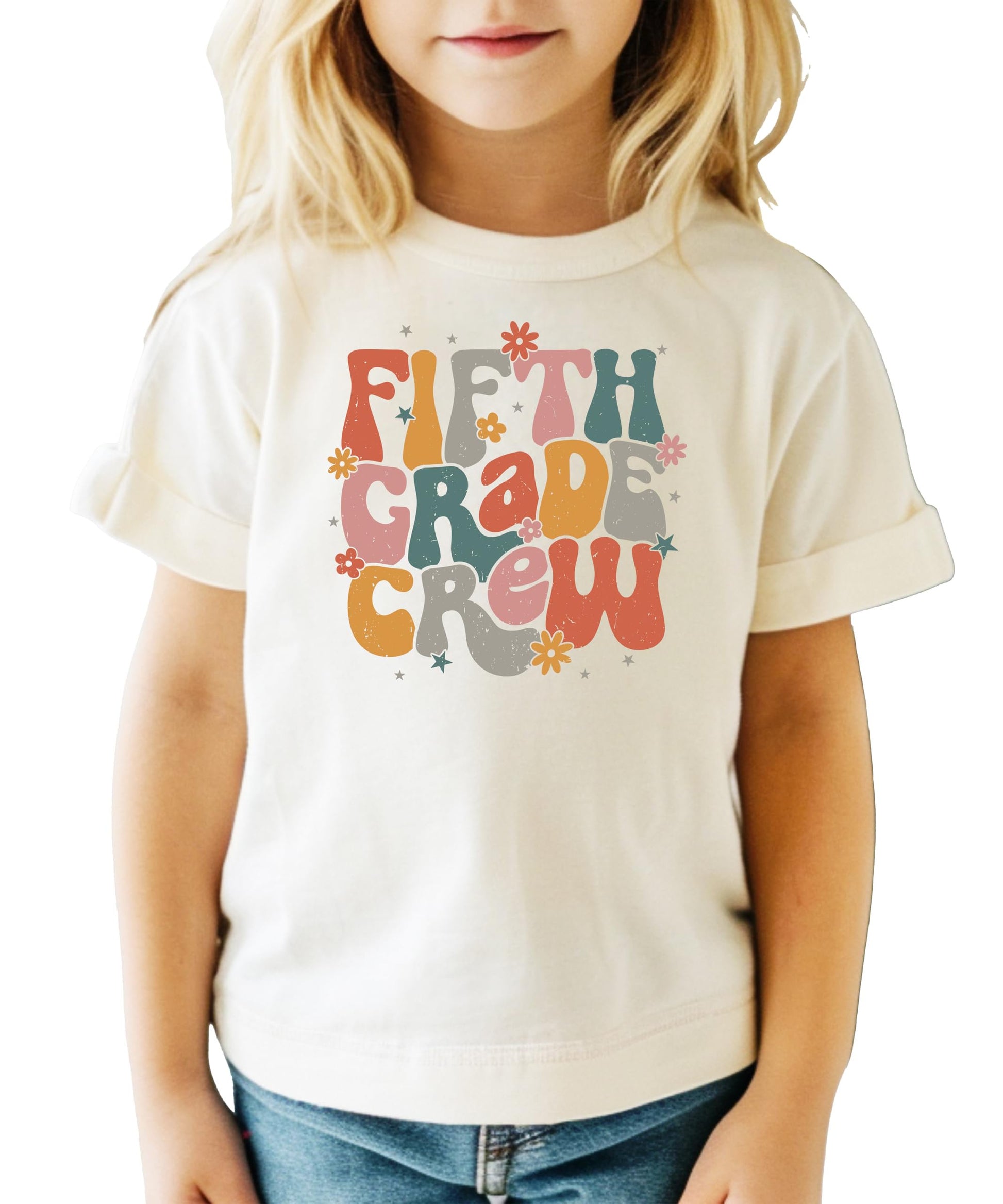 Model wearing peach second grade retro school shirt front view