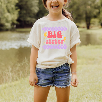 Big Sister Retro Lightning Shirt for New Baby Pregnancy Reveal Outfit