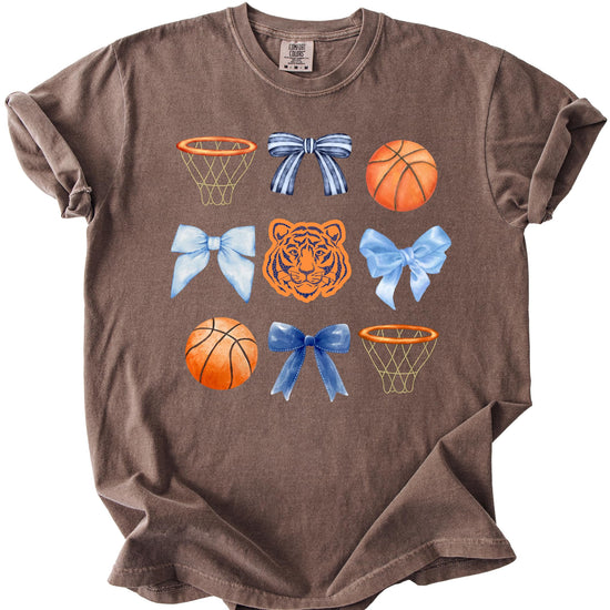 Styled flat lay of ivory Tigers basketball bow tee showing full design