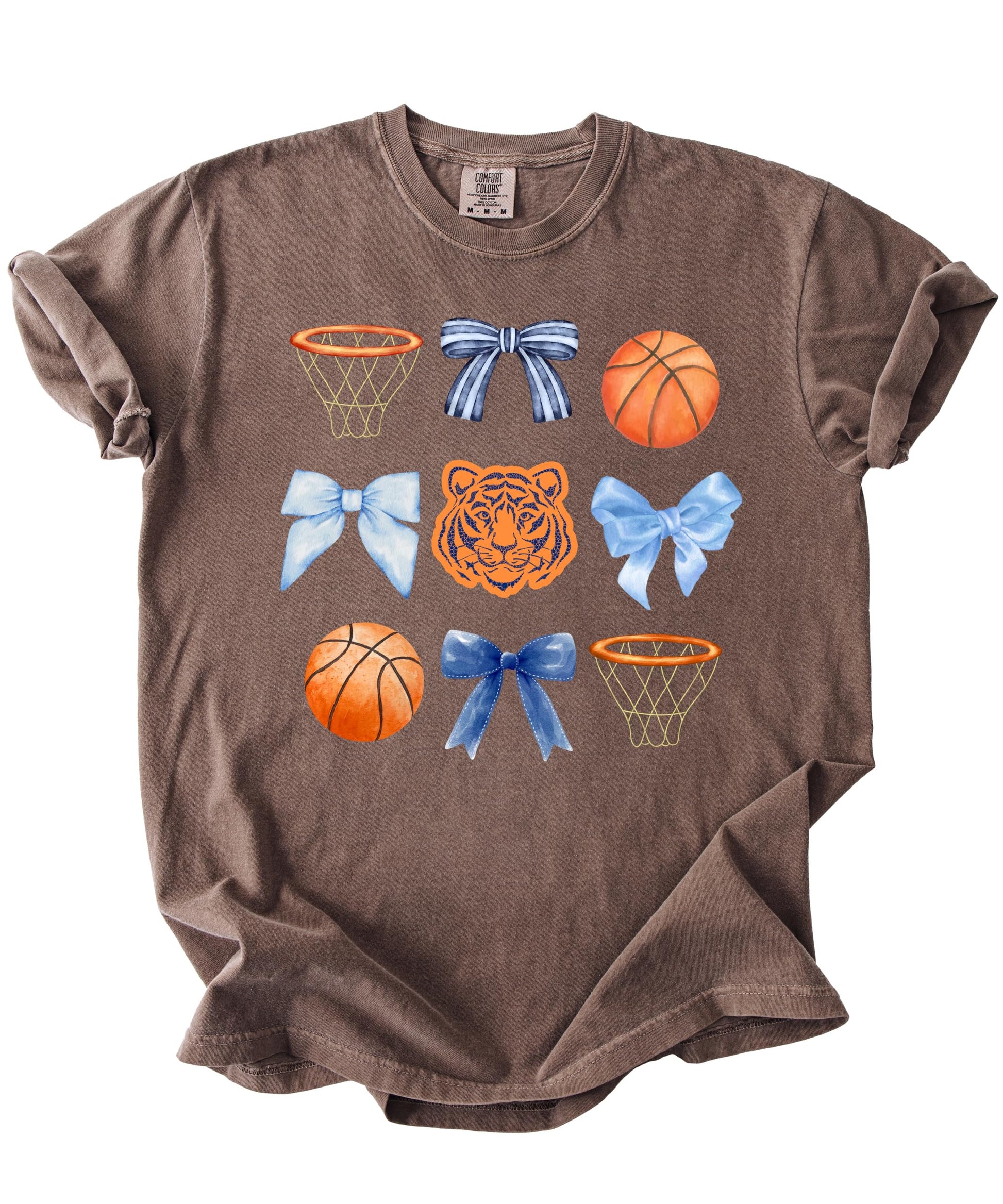 Styled flat lay of ivory Tigers basketball bow tee showing full design