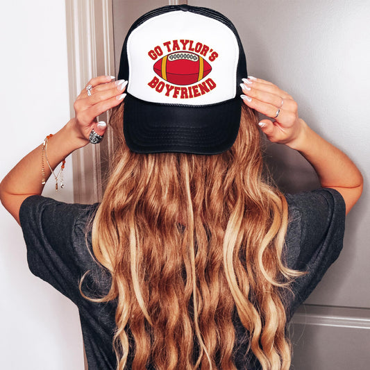 Go Taylor's Boyfriend Funny Football Season Trucker Hat Red and Gold Classic 5 Panel Mesh Snap Back